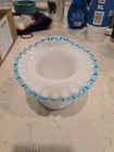 Vintage Fenton Aqua Crest Milk Glass Hat Vase Crimped Ruffled 5" Edge Blue 1940s