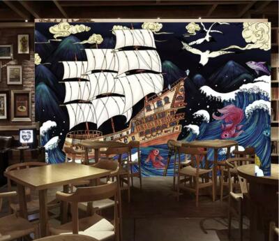 3D Wave Boat Fish A60 Wallpaper Wall Mural Removable Self-adhesive Sticker Zoe