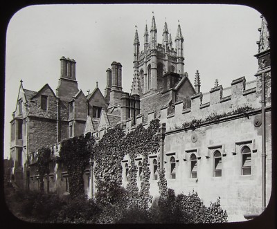 Glas magische Laterne Dia MAGDALEN COLLEGE VON ADDISONS WALK OXFORD UM 1890 FOTO