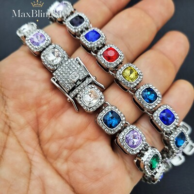 Unisex Hip Hop Style Silver Plated Iced CZ 20'' Multi Color Stone Chain Necklace