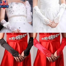 Womens Long Fingerless Gloves Bridal Lace Satin Bowknot Gloves For Wedding Party