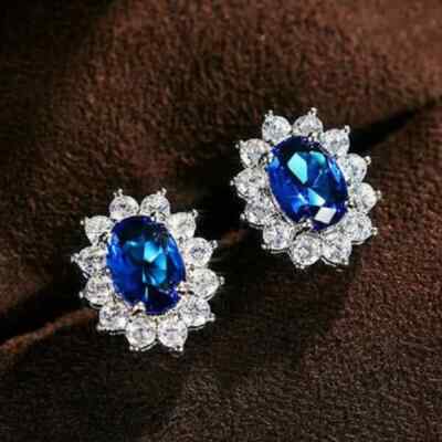 4Ct Lab Created Sapphire Push Back Women's Stud Earrings 14K White Gold Finish