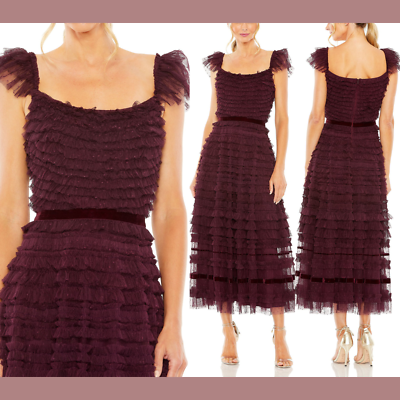 mac duggal short-sleeve high-neck ruffle midi dress Mac Duggal Women's Mesh Micro Ruffle High Neck Cap Sleeve Midi Dress - Black