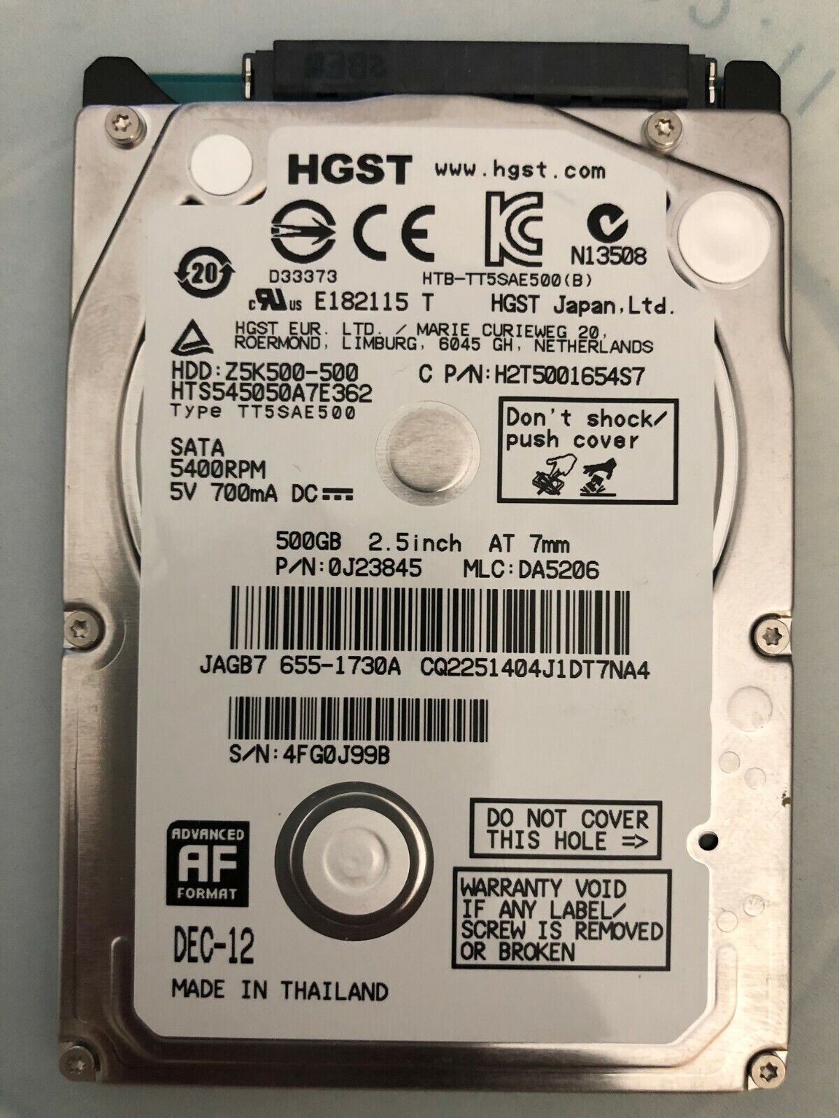 HGST Laptop Hard Disk Drive 500GB HTS545050A7E362 P/N: 0J23845 2.5 