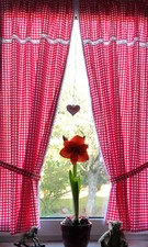 Landhaus Gardine Set 2St weiß rot kariert Spitze 140x75Gesamt150cm+2 Bänder Tina
