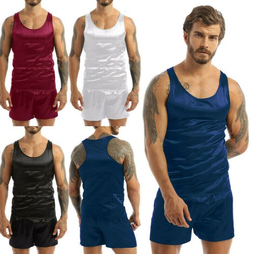 Men Satin Silk Pajama Set Sleeveless 