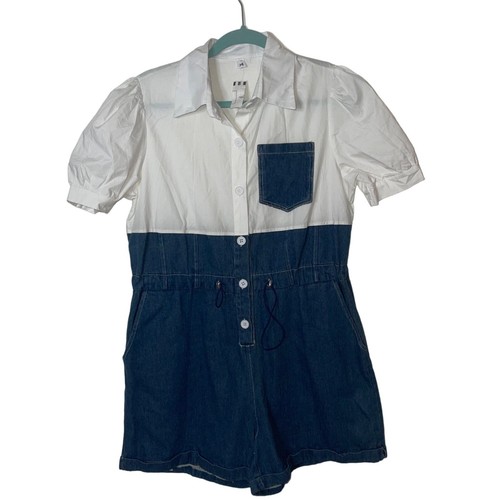K.S. Romper Womens Size Medium Blue White Denim Short Sleeve New Cotton Casual