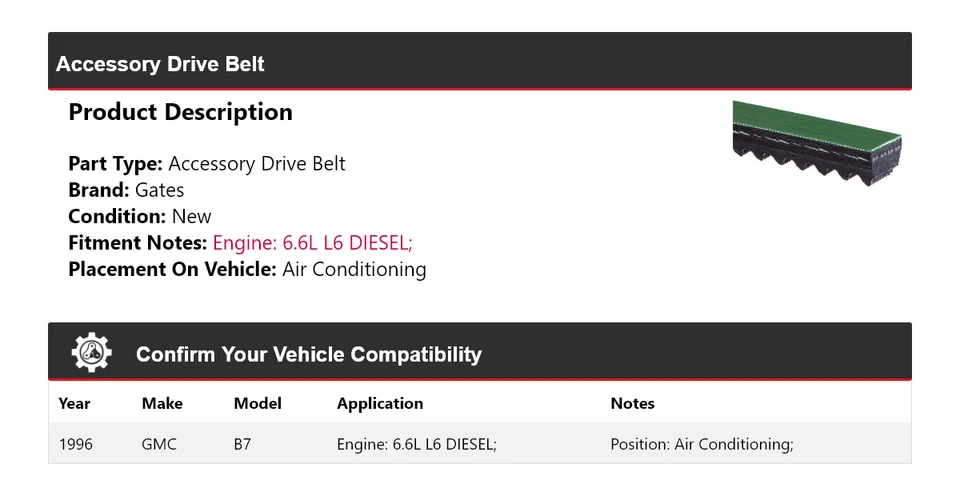 Correa de transmisión para puertas de aire acondicionado GMC B7 1996 6,6 L L6 diésel accesorio Foto 2 de 4