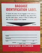 WESTERN AIRLINES Baggage Sticker 1970s Unused Luggage