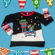 HOLIDAY TIME Ugly Christmas Sweater FUZZY Santa North Pole POM POMS Womens Large