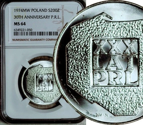 NGC MS-64 POLAND SILVER 200 ZLOTYCH 1974 (P.R.L. 30th ANNIVERSARY)