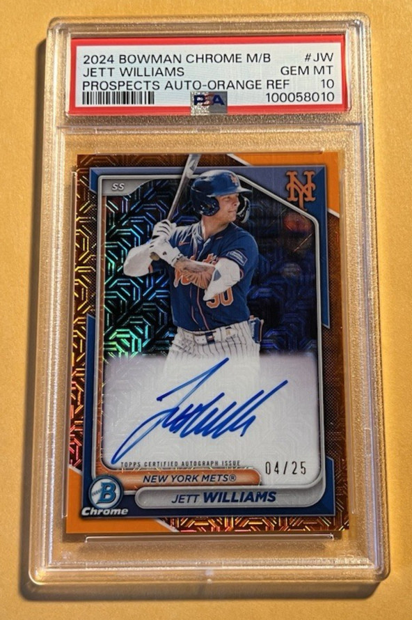 2024 Bowman Chrome Mega Jett Williams Orange Auto PSA 10 (#4/25) METS/BREWERS view 1