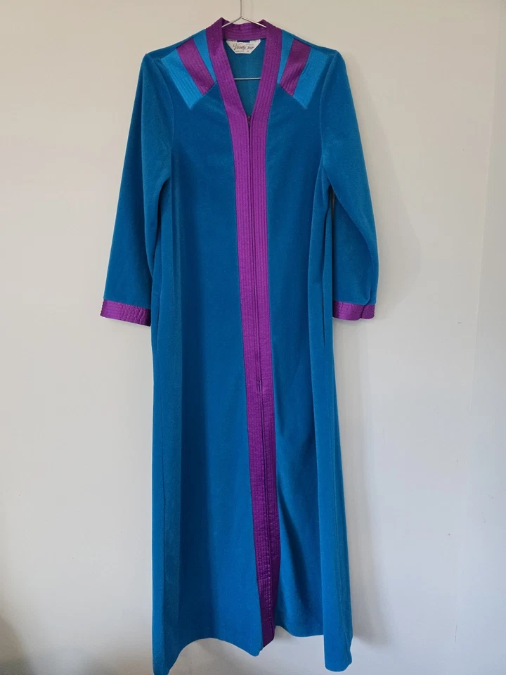 Винтажный Vanity Fair бархата длинный халат молнии дом пальто маленький синий бирюзовый фиолетовый  - Изображение 2 из 4