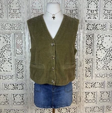 Vintage Harve Benard Petite Olive Green Button Up Corduroy Vest Sz M/L