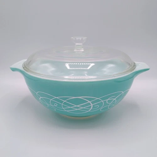 Vintage Pyrex Turquoise Scroll 2.5 Qt Cinderella Bowl 443 w/Lid-1959 Promotional