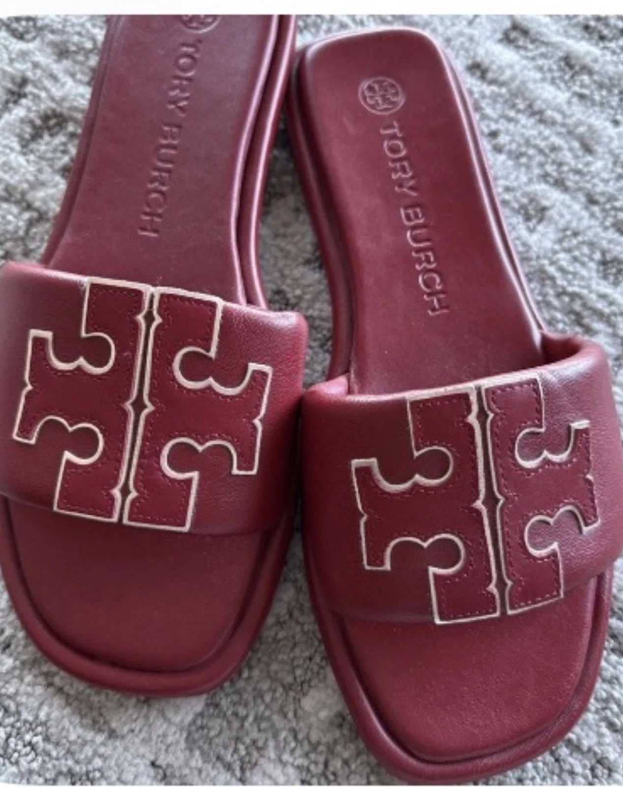 ￼ Tory Burch, red leather flat slides with logo size 8.5