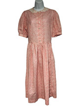 VTG Laura Ashley Pink Floral Cottagecore Puff Sleeve Lace Collar Midi Dress 12