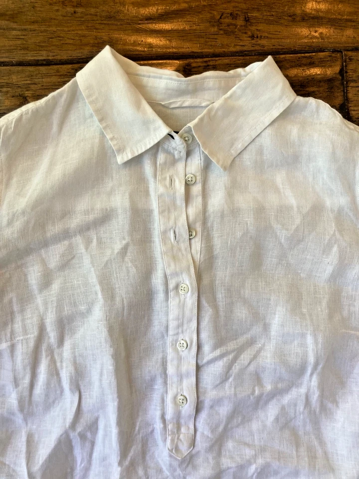 TALBOTS 100% Linen Popover Tunic Top Medium White Side Button Detail Coastal - Image 3 of 4