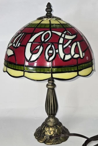 Coca-Cola Tiffany Style Stained Table Lamp – Glass Shade, Metal Base – Vintage