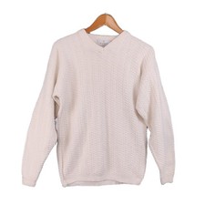 VTG Bill Blass Mens Sweater V-Neck Cable Knit Ivory 100 Cotton Small