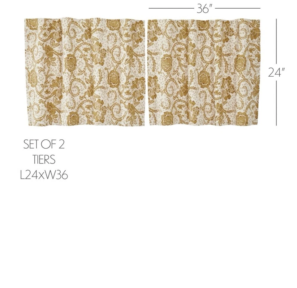Dorset Gold Floral Tier Set 24"x 36" Country CURTAIN Vintage Elegante Marcas VHC - Imagem 2 de 4
