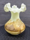 Fenton Hand painted Log Cabin Ruffled Rim Vase  Signed Jim Andrick Uranium