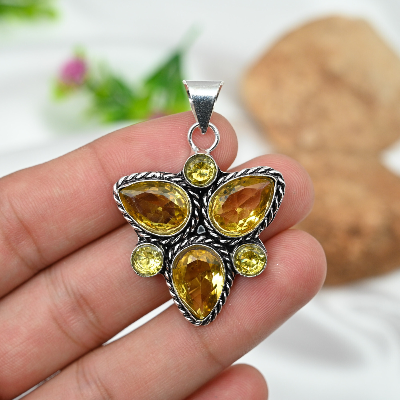 Citrine Flower Pendant Handmade 925 Sterling Silver Gemstone Jewelry Gift