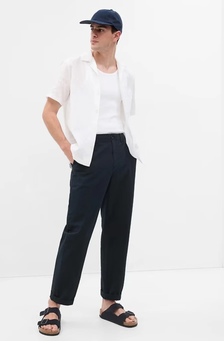 NWT GAP $69.95 Lightweight Seersucker Pants with E-Waist, Navy Blue, Sz M