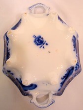 ANTIQUE FLOW BLUE HANDLE FOOTED VEGIE BOWL GRINDLEY ARGYLE PATTERN GOLD  87687 