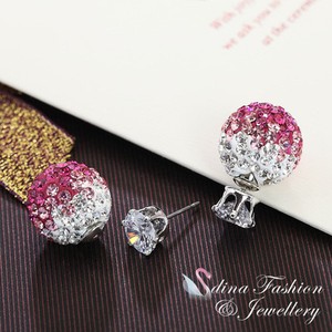 Authentic 18K White Gold Plated CZ Shamballa Beads Double Faced Stud Earrings 2 Ways Wear