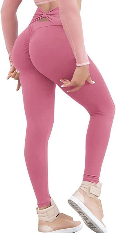 YOGA PANTS LEGGINGS RUCHED HIGH WAISTED TUMMY CONTROL PINK W/ BOW FLATTERING XXL-image