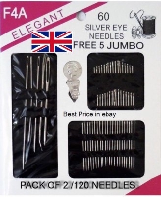 60 Silber Ösen Nadeln Nähpaket Handnähen Einfädeln Polster Reparatur Set UK