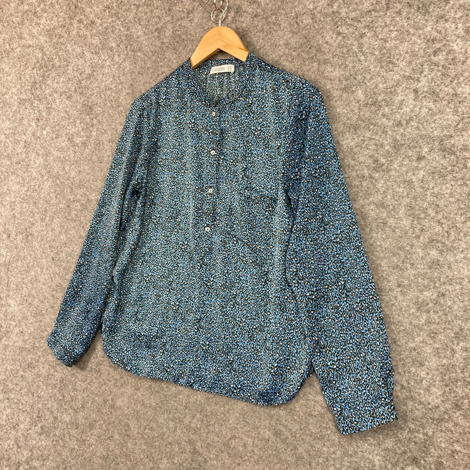 Blusa Top Gallery Mujer Talla 10 Azul Estampado Animal Manga Larga Botón 12201 Foto 2 de 4