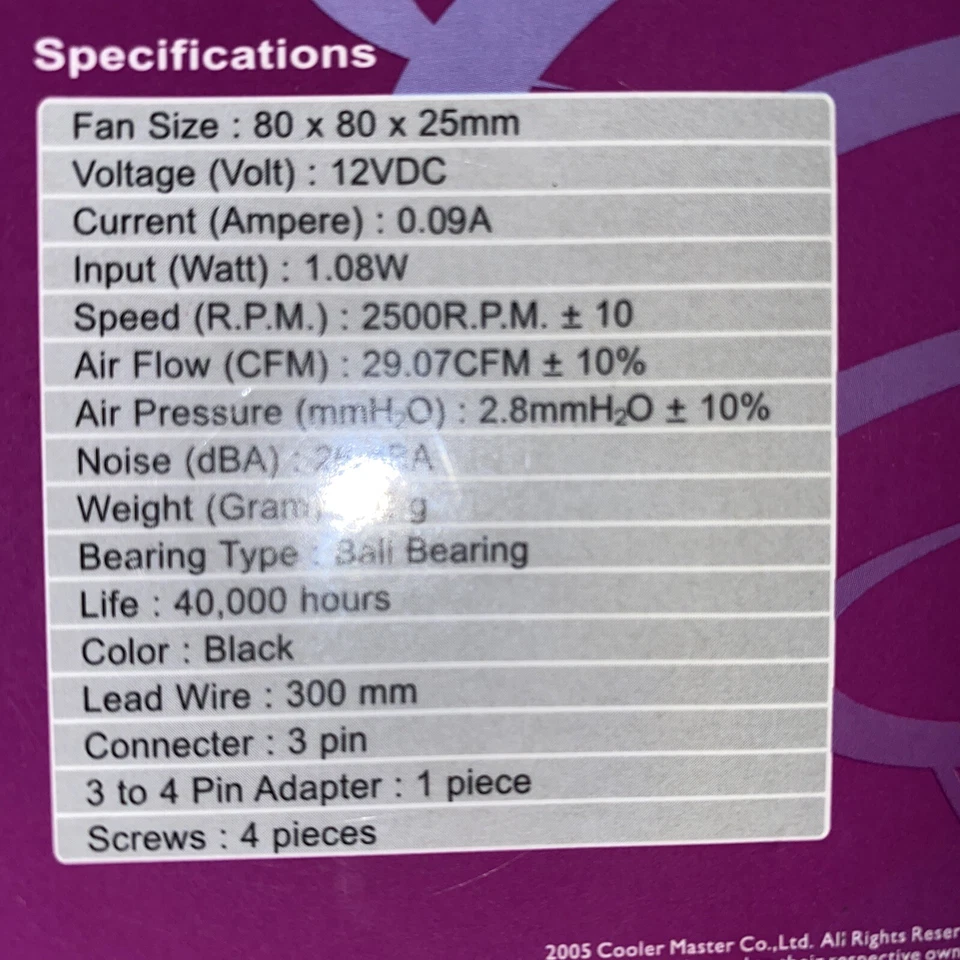 COOLER MASTER 80MM x 25MM 3-PIN CASE FAN 12V 2500RPM - Image 2 of 2