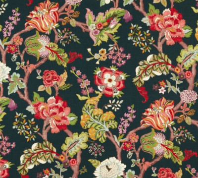 SANDERSON CURTAIN FABRIC  ''Fusang Tree'' 2.1 METRES INK BLACK/MULTI 100% LINEN