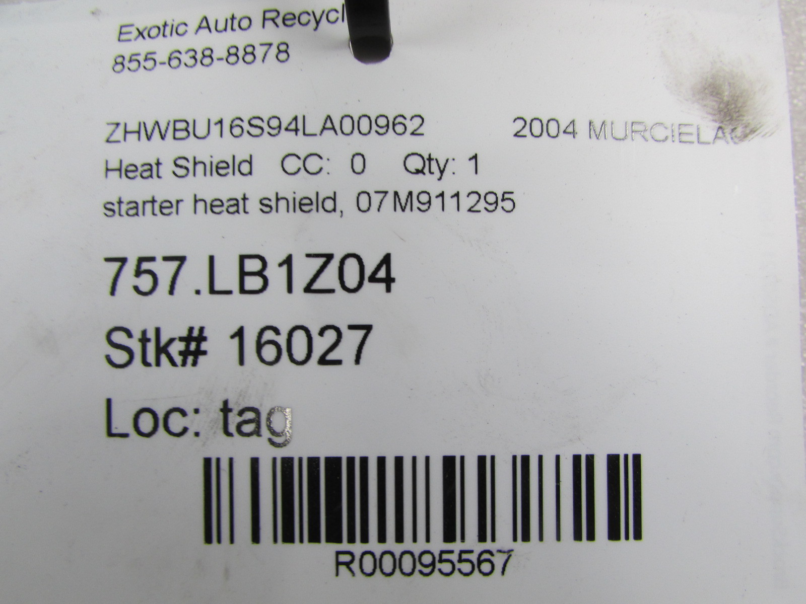 Lamborghini Murcielago, Starter Heat Shield, Used, P/N 07M911295