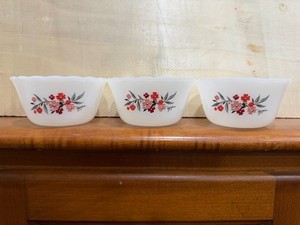 Vintage Fire King Custard Cups (3) and Plates (2) White Glass Pink & Red Flowers