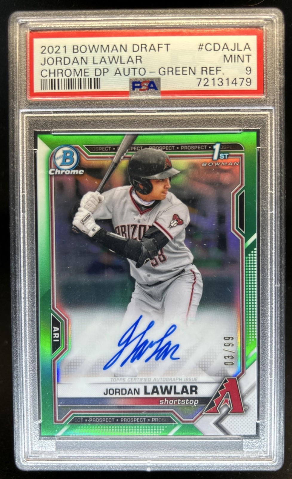 2021 Bowman Draft Jordan Lawlar Chrome Auto Green Refractor RC #/99 PSA 9