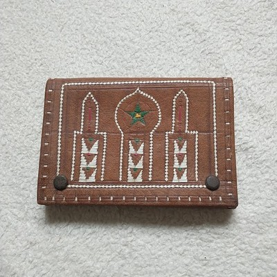 New Artisan Made in Morocco Leather Clutch Bag Wallet Brown Snap Button Ethnic