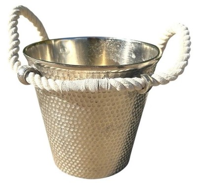 Vintage Hammered Aluminum Ice Bucket Rope Handles Coastal Barware