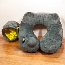 AirComfy Inflatable Travel Neck Pillow with Pouch Grey Compact Airplane Cushion