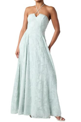 Lulus Sedona Lace Back Burnout Maxi Dress Halter Neck Floral Mint Size XL