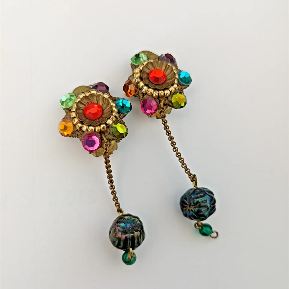 Vintage Michal Negrin Clip On Earrings Long Dangle Colorful Crystal Floral Early - Image 1 of 4
