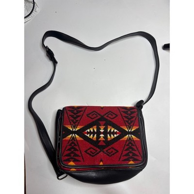 Pendleton Southwestern Wool Leather Crossbody Bag Red Black Geometric Flap SEE