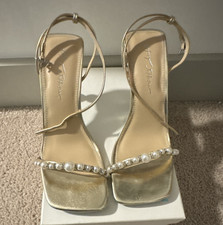 NEW Betsey Johnson Gold Synthetic Strappy Square Toe Pearl Sandal Pumps 10M