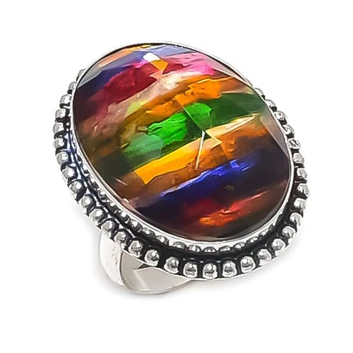 Natural Ammolite Gemstone Handmade 925 Sterling Silver Jewelry Ring Size 9 W324