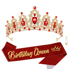 Red Birthday Crown and Queen Sash Tiara Crystal Crown for Women Princess Party D