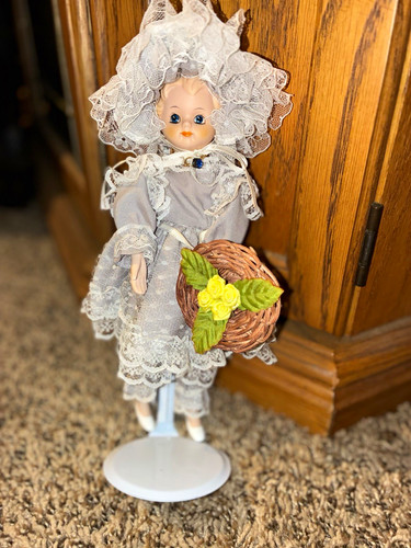 Porcelain Girl Doll Blue Eyes Blonde Straight Hair Lace Outfit Basket Stand