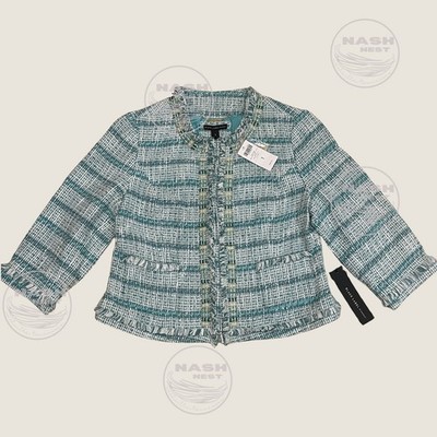 Chico s Black Label M Tweed Jacket | Embellished Shell Enamel Tile Trim Aqua NWT