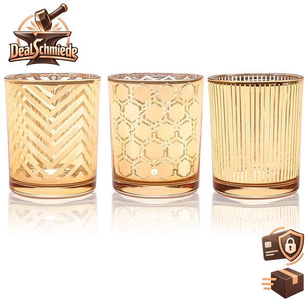 Teelichthalter 3Er Set Gold Glas Wellen Streifen Wabenmuster Tischdeko 3 StüCk-image